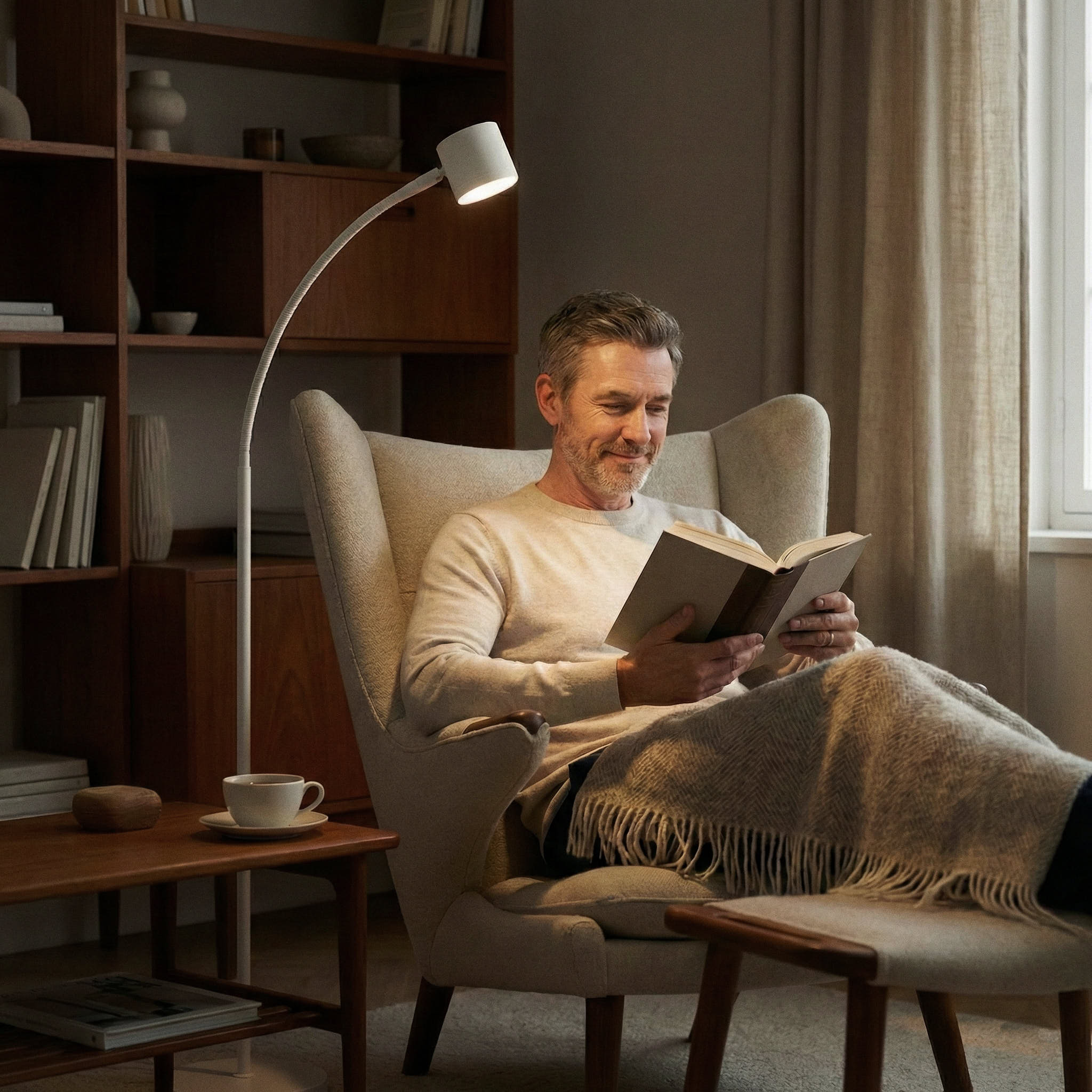 Man reading a book in a cosy living room with a blanket and a cup of coffee with the Clarity reading light illuminating them.