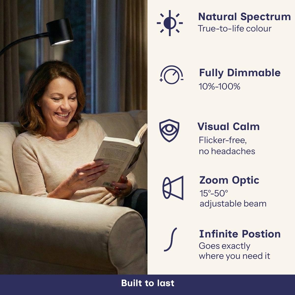 Woman using Clarity and features: Natural spectrum, Fully dimmable, Visual Calm, Zoom Optic, Infinite Position