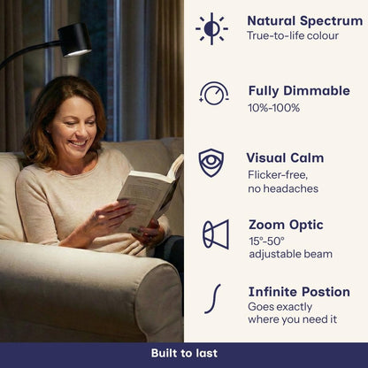 Woman using Clarity and features: Natural spectrum, Fully dimmable, Visual Calm, Zoom Optic, Infinite Position